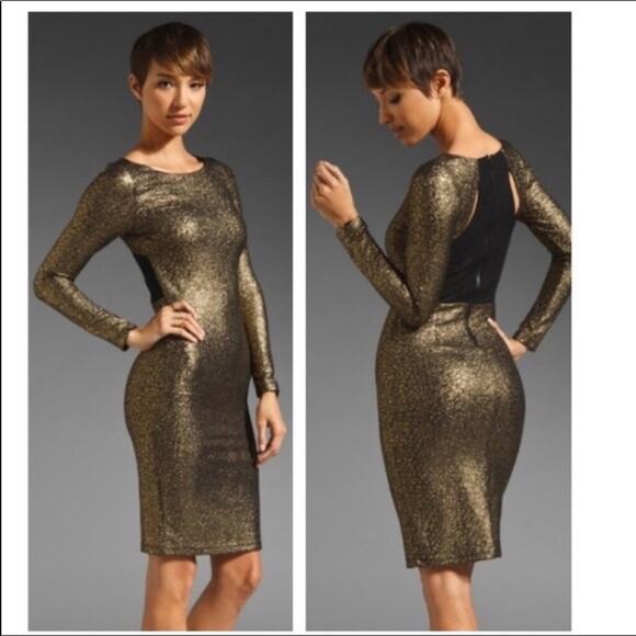 Alice and Olivia Gold Metallic Bodycon Midi Cocktail Party Dress - Picture 3 of 13